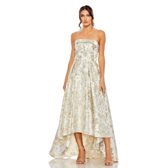 Mac Duggal NEW White Gold Brocade Strapless Golden Floral High Low Gown - Size 6 - Picture 2 of 15